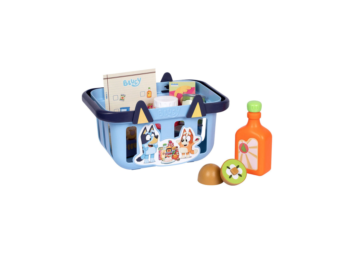 Bluey Shopping Basket playset with blue basket featuring Bluey characters, orange juice bottle, and food accessories