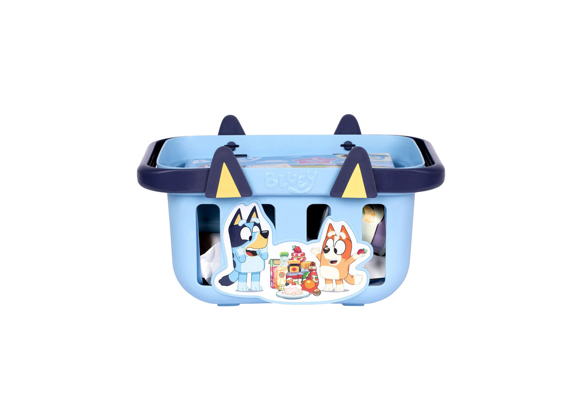 Bluey Shopping Basket playset with blue basket, dark handles, and Bluey and Bingo characters with food accessories