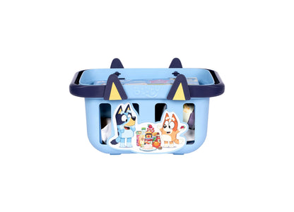 Bluey Shopping Basket playset with blue basket, dark handles, and Bluey and Bingo characters with food accessories