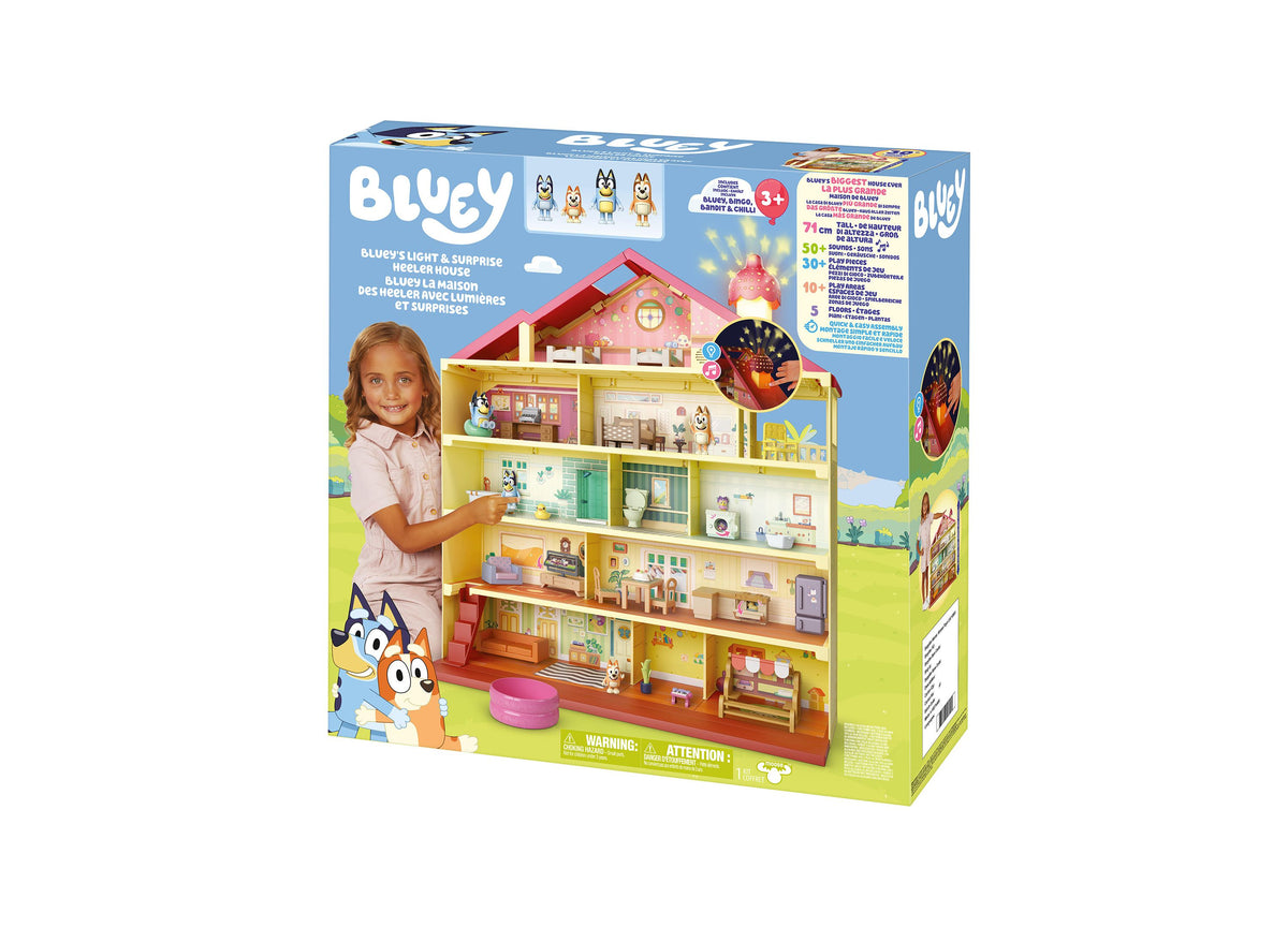 Bluey Lights & Sounds House Playset with multi-story home, colorful rooms, Bluey characters, and accessories displaye...