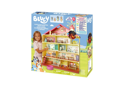 Bluey Lights & Sounds House Playset with multi-story home, colorful rooms, Bluey characters, and accessories displaye...