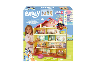 Bluey Lights & Sounds House Playset with multi-level pink and yellow dollhouse, featuring Bluey and Bingo characters ...
