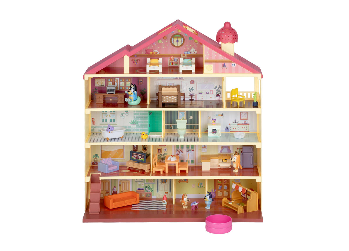 Bluey Lights & Sounds 36-Piece House Playset with pink roof, multi-level rooms, and Bluey characters