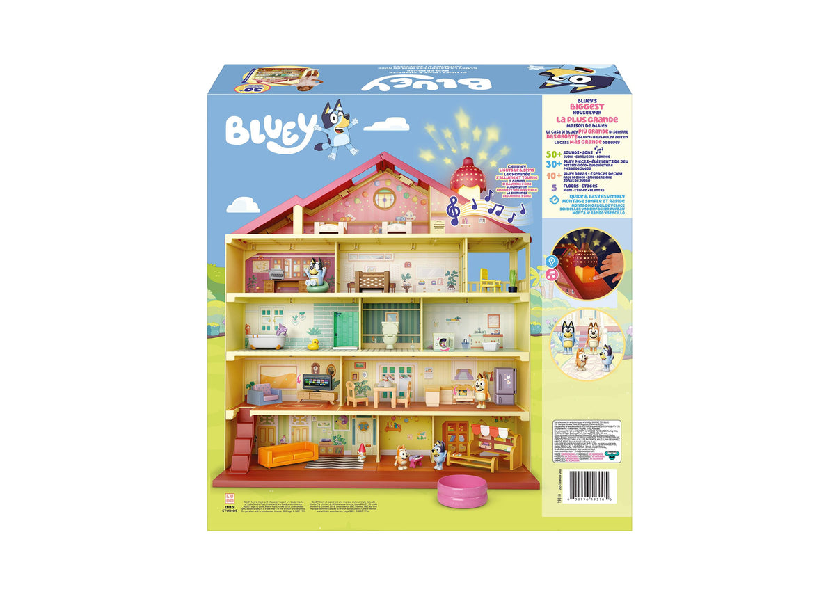 Bluey Lights & Sounds 36-Piece House Playset featuring a multi-story house with red roof, yellow walls, and four...
