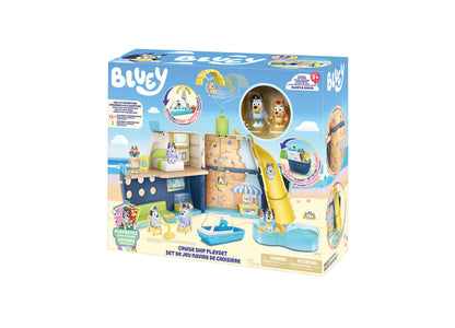 Bluey Cruise Ship Playset with 6 play areas, blue and tan ship structure, yellow slide, accessories, and two characte...