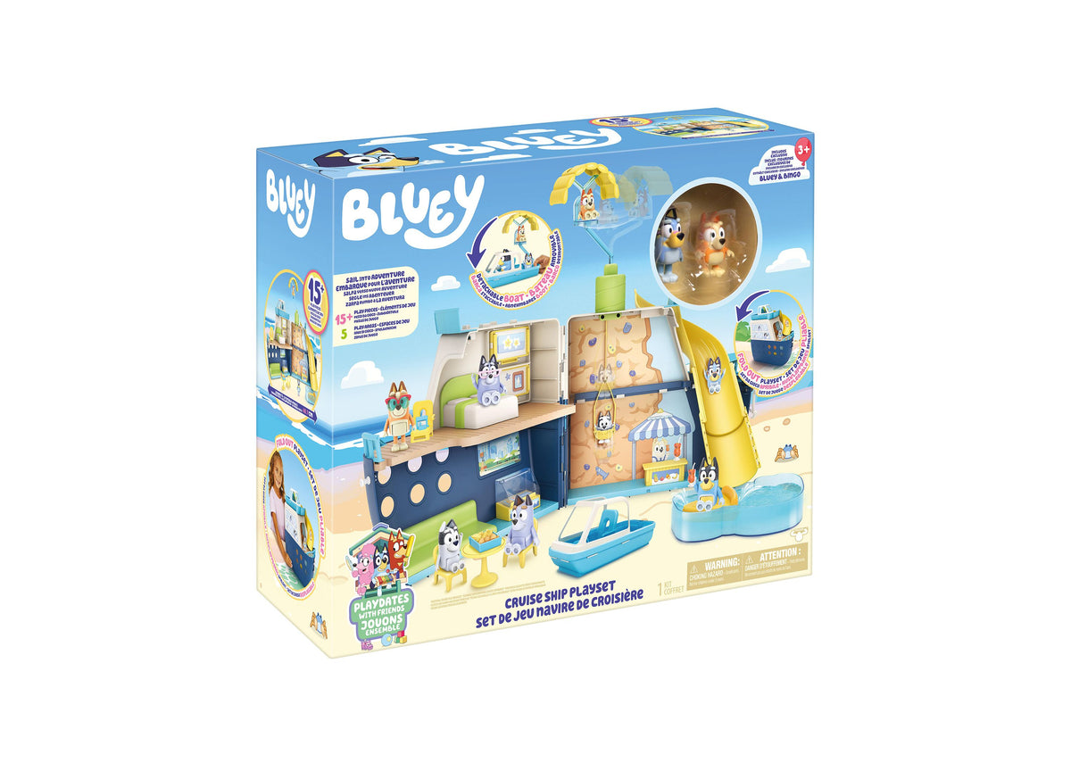 Bluey Cruise Ship Playset with 6 play areas, blue and tan ship structure, yellow slide, and character figures display...