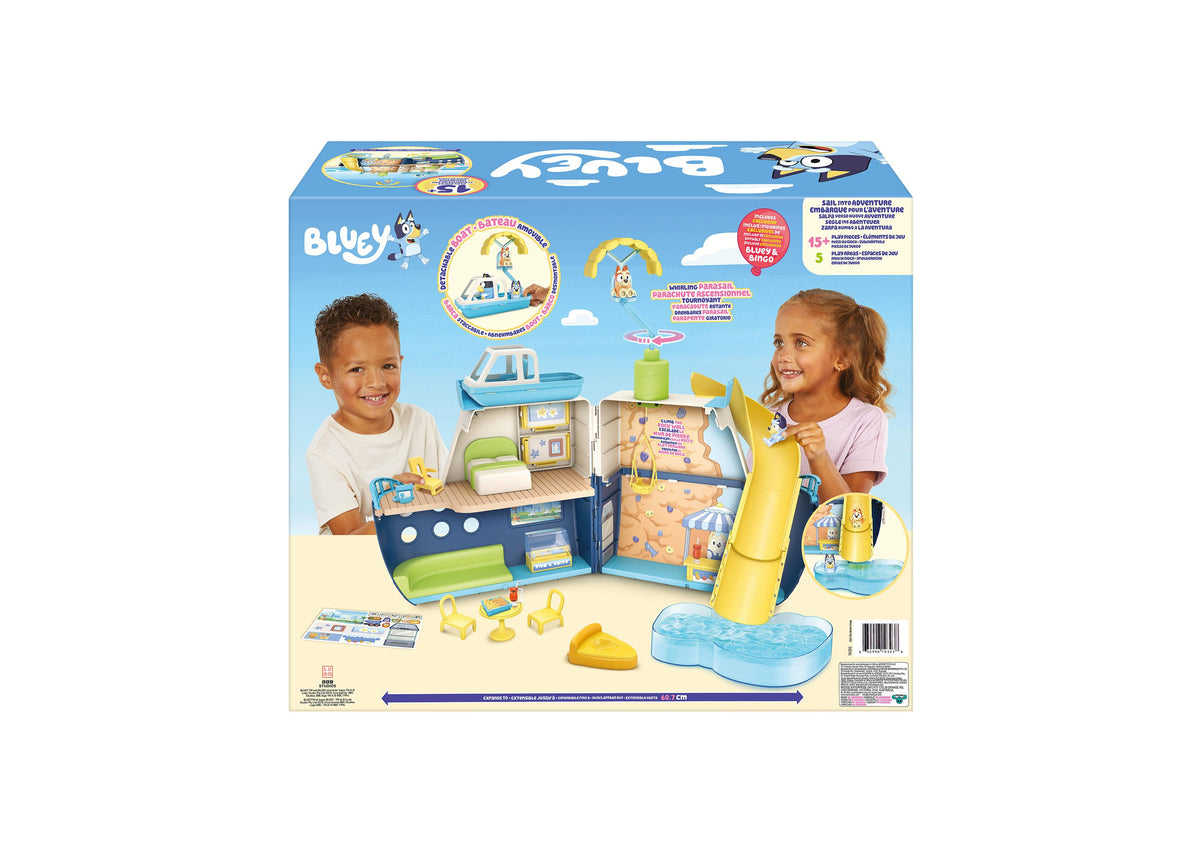 Bluey Cruise Ship playset with 6 play areas, blue and yellow ship toy, accessories, and two children playing