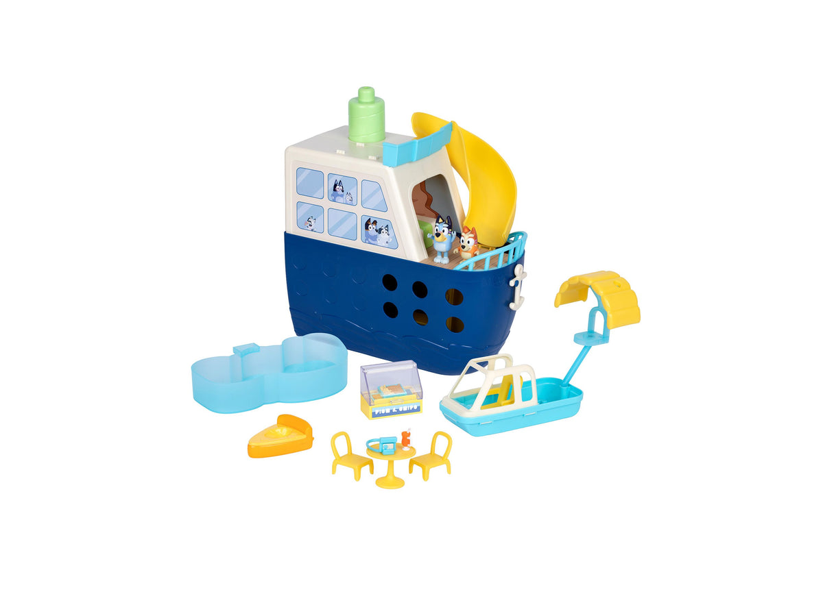 Bluey Cruise Ship playset with blue and white ship, yellow sail, small boats, and yellow furniture accessories