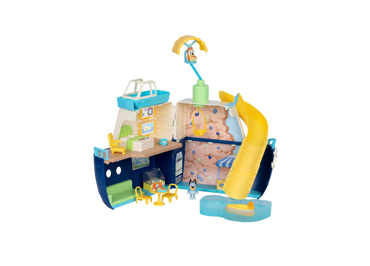 Bluey Cruise Ship playset with blue ship hull, yellow slide, rock climbing wall, and accessories including character ...