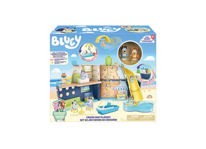Bluey Cruise Ship Playset with 6 play areas, blue ship structure, yellow slide, and character figures on beach setting