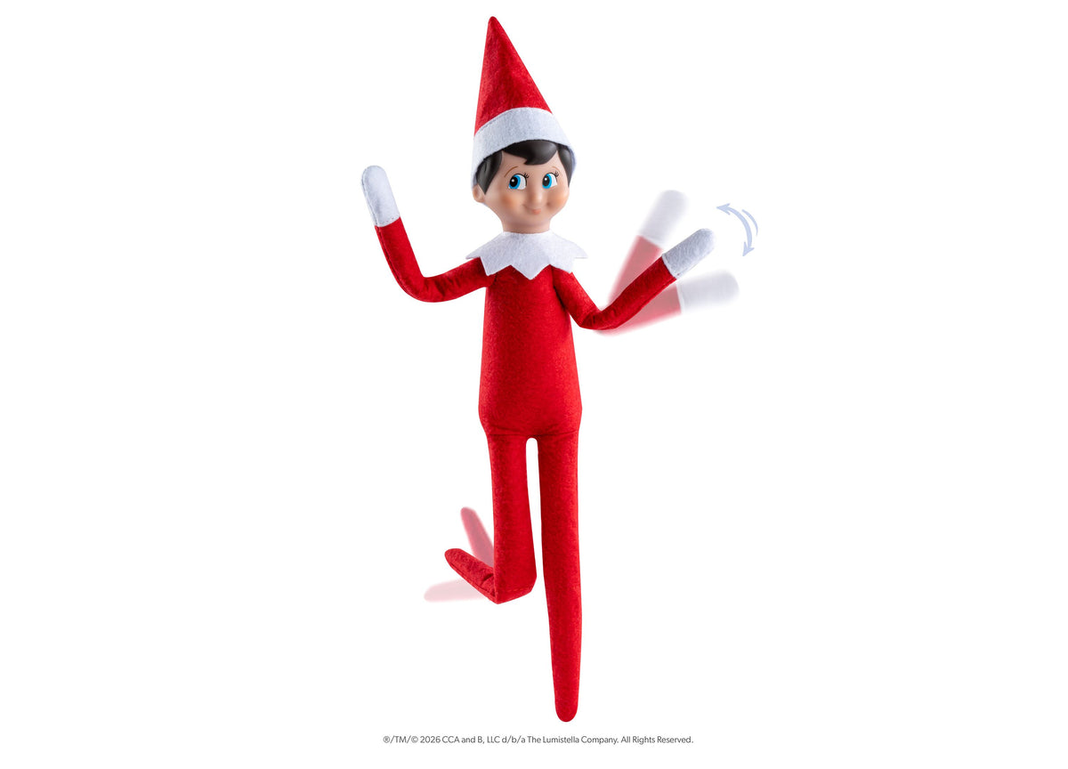 Elf on the Shelf Scout Elf Boy figure with brown eyes in red suit and hat, arms raised in cheerful pose