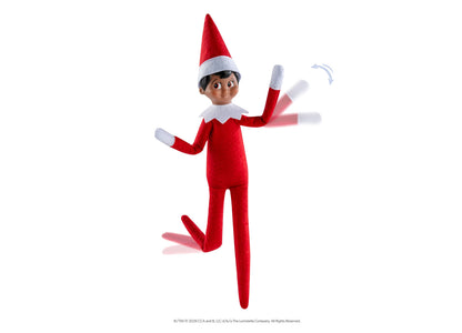 Elf on the Shelf Scout Elf Boy figure in red suit with white collar, poseable arms and legs, wearing red and white po...