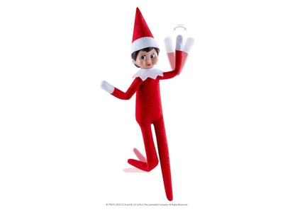 Elf on the Shelf Scout Elf with blue eyes in red suit and hat, arms raised in cheerful pose