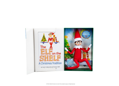 Elf on the Shelf Scout Elf boxed set with red-suited elf figure, red hat, white collar, and storybook