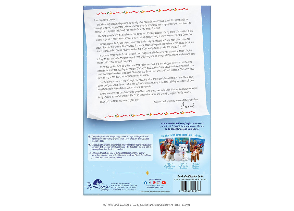 Elf on the Shelf Scout Elf with Blue Eyes Girl 4-Piece Figure & Storybook Boxed Set packaging showing illustrated let...