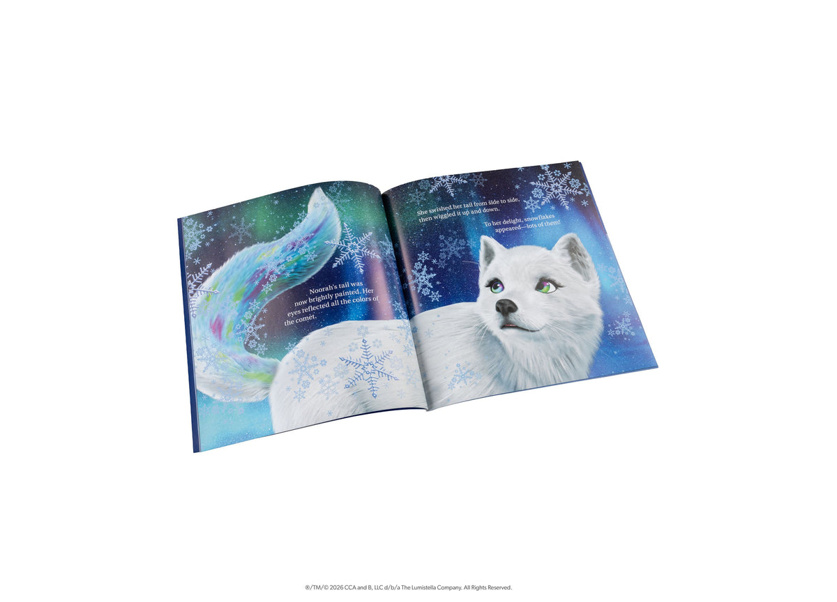 Elf on the Shelf Noorah 2-Piece Book & Plush Set open storybook showing white cat character with green eyes and color...