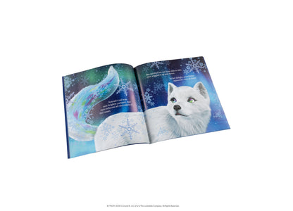 Elf on the Shelf Noorah 2-Piece Book & Plush Set open storybook showing white cat character with green eyes and color...
