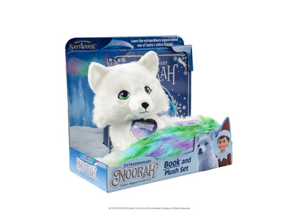 Elf on the Shelf Extraordinary Noorah Book and Plush Set featuring white fox character with green eyes and colorful n...