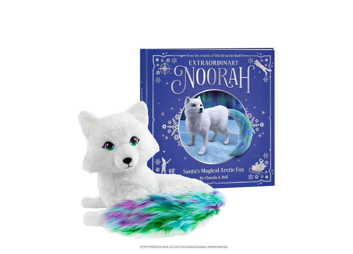 Elf on the Shelf Extraordinary Noorah book and white fox plush with colorful rainbow tail