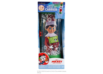 Elf on the Shelf Scout Elf Carrier with Mickey & Friends design, featuring red and green packaging with snowflake pat...