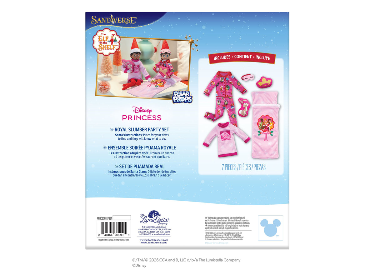 Elf on the Shelf Disney Princess Royal Slumber Party Set with pink pajamas, sleeping bag, sleep mask, and accessories