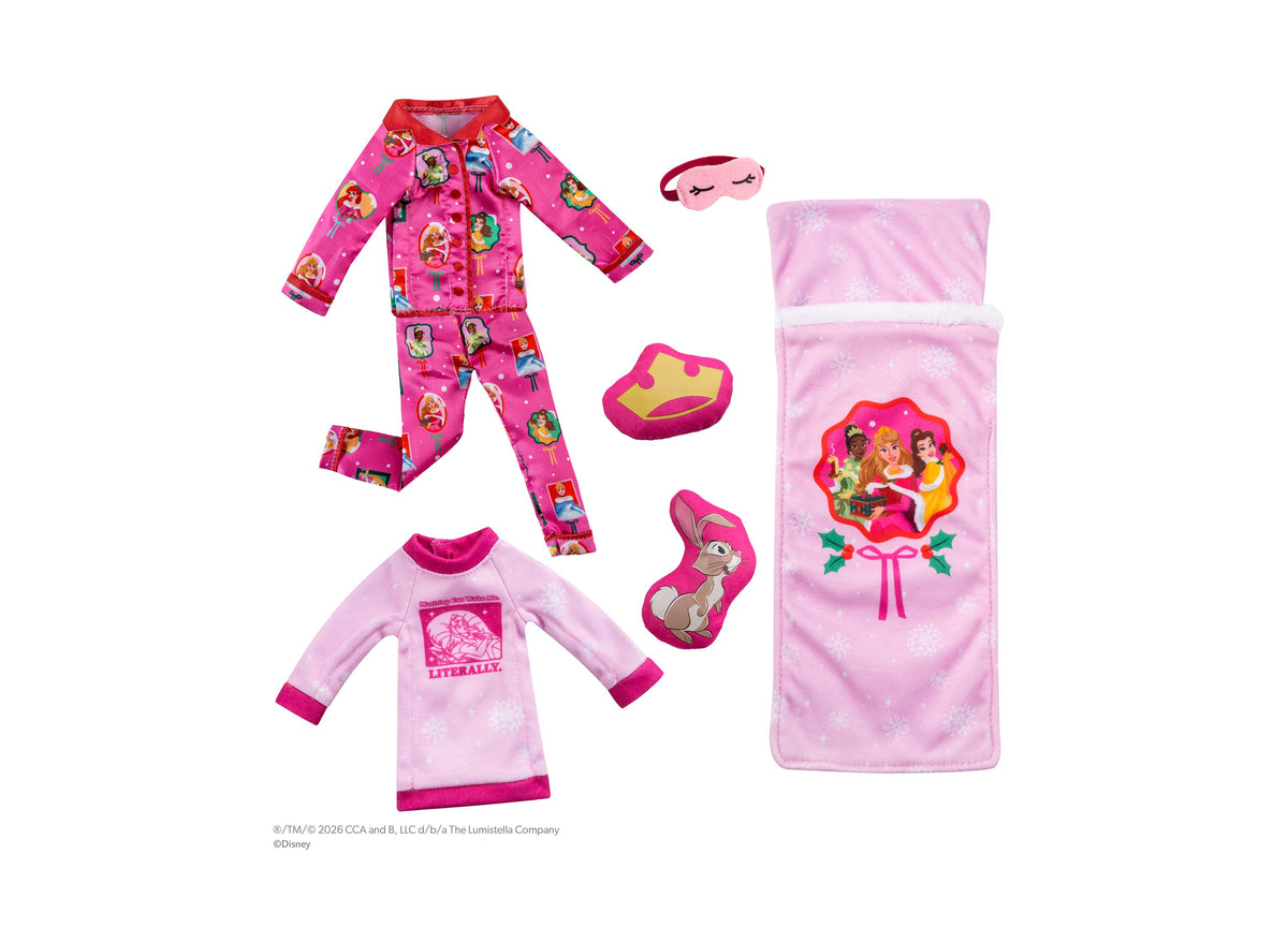 Elf on the Shelf Disney Princess 6-Piece Royal Slumber Party Set with pink pajamas, sleeping bag, sleep mask, and acc...