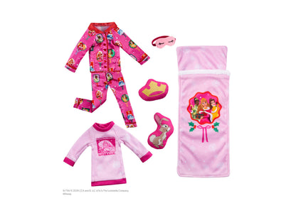 Elf on the Shelf Disney Princess 6-Piece Royal Slumber Party Set with pink pajamas, sleeping bag, sleep mask, and acc...