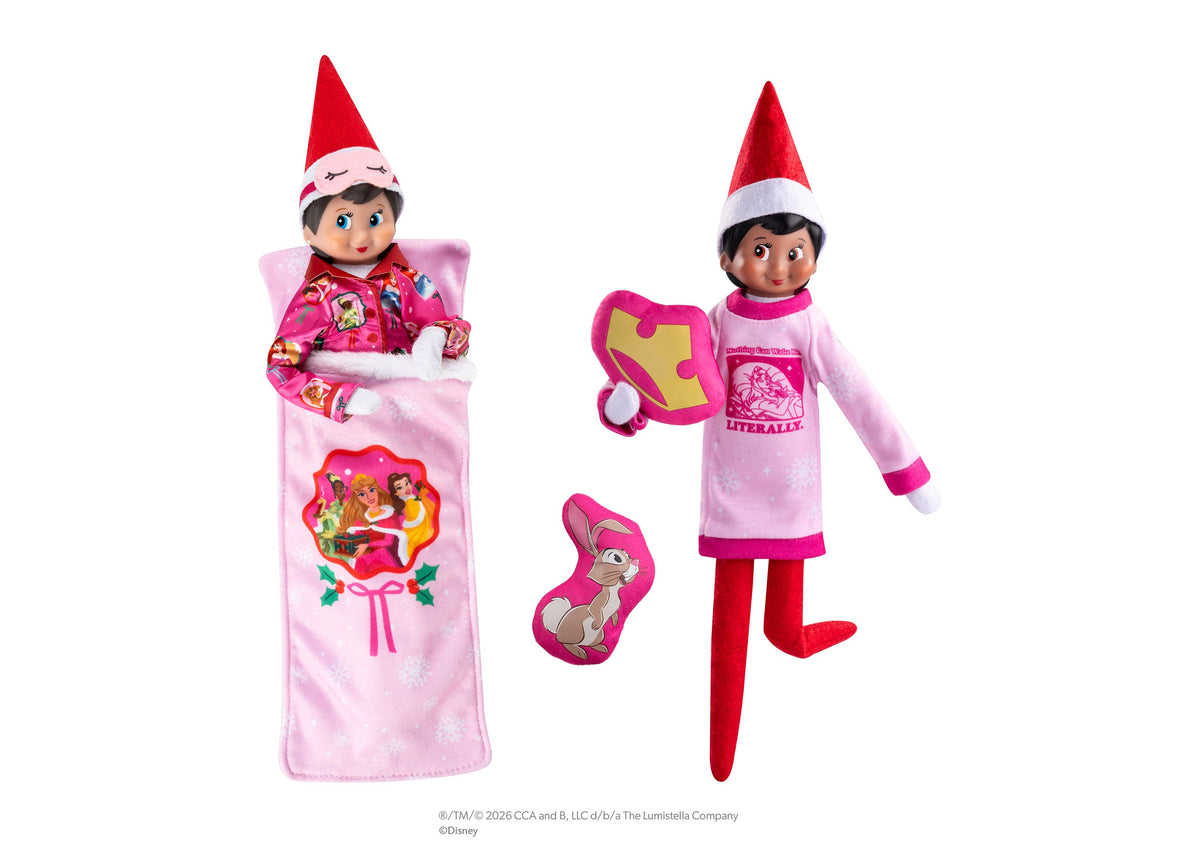 Elf on the Shelf Disney Princess 6-Piece Royal Slumber Party Set with two elf dolls in pink princess sleepwear, sleep...
