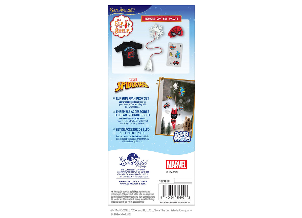 Elf on the Shelf Marvel Spider-Man 4-Piece Elf Superfan Set packaging showing black tee, red mask, snowflake suction ...