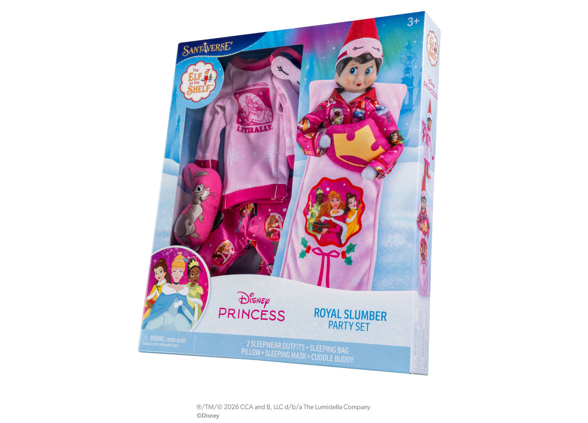 Elf on the Shelf Disney Princess Royal Slumber Party Set with doll, two pink sleepwear outfits, sleeping bag, and acc...