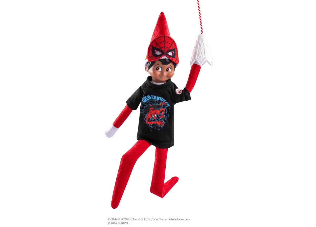 Elf on the Shelf Marvel Spider-Man Scout Elf wearing red mask and black Spider-Man tee, holding red and white candy c...