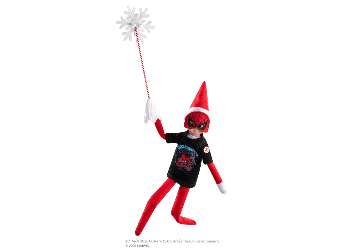 Elf on the Shelf Marvel Spider-Man 4-Piece Set with red elf wearing Spider-Man mask and black tee, holding snowflake ...