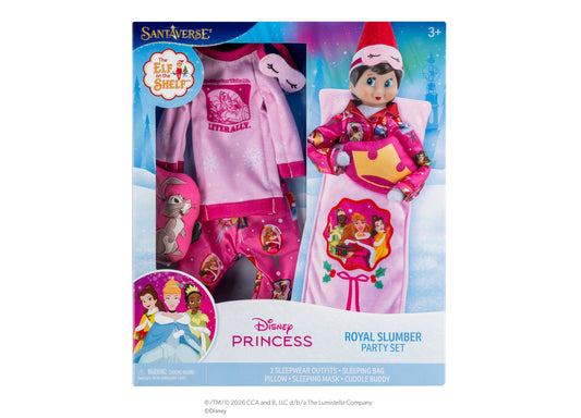 Elf on the Shelf Disney Princess Royal Slumber Party Set with elf doll, two pink sleepwear outfits, sleeping bag, and...