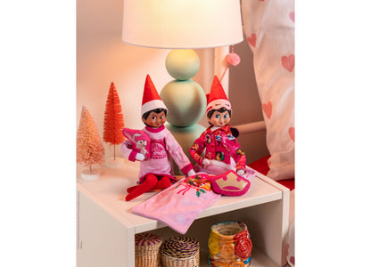 Elf on the Shelf Disney Princess 6-Piece Royal Slumber Party Set with two elves in pink princess pajamas, sleeping ba...