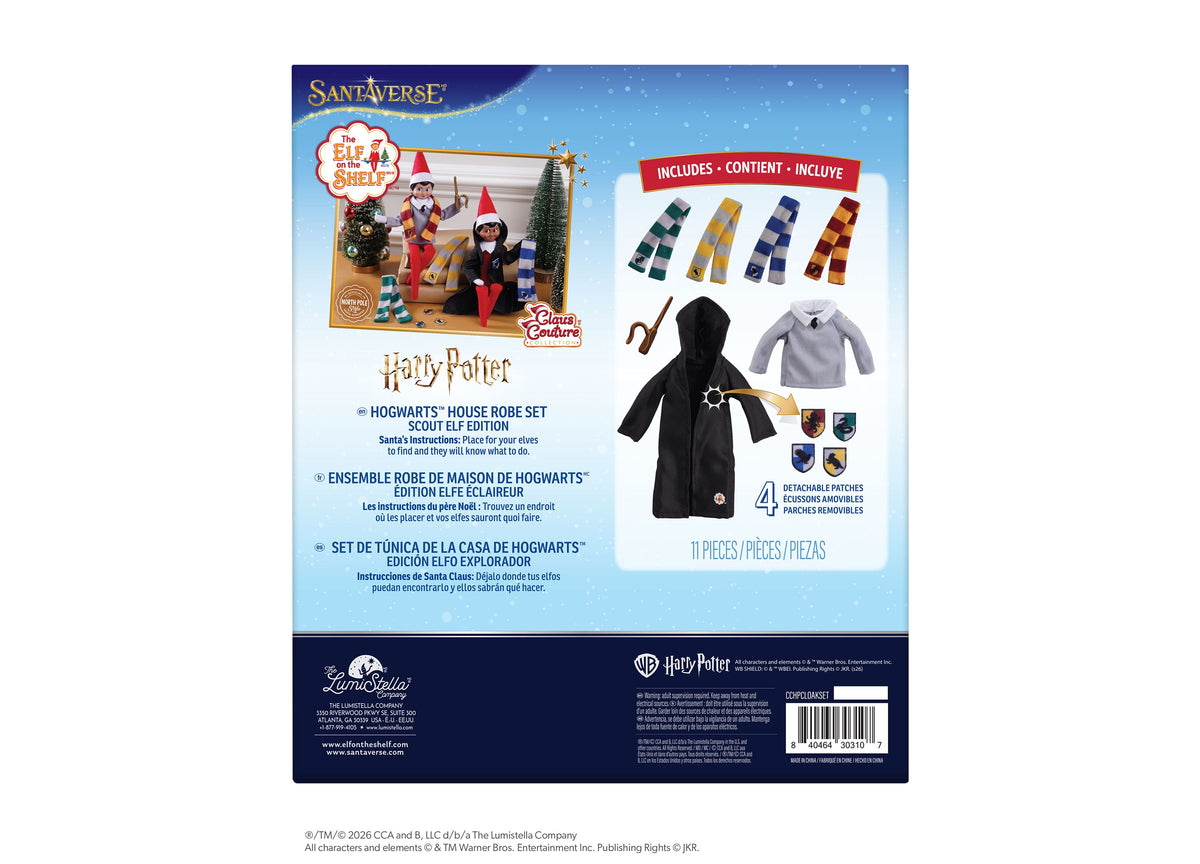 Elf on the Shelf Harry Potter Hogwarts House Robe Set Scout Elf Edition with black robe, striped scarves, and patches