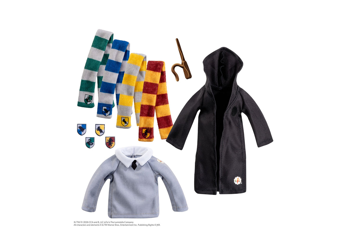 Elf on the Shelf Harry Potter 3-Piece Hogwarts House Robe Set with black robe, gray uniform, four house scarves, and ...