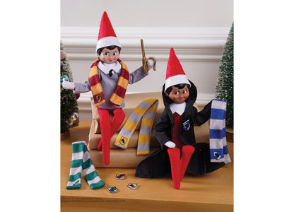 Elf on the Shelf Harry Potter 3-Piece Hogwarts House Robe Set with two elves wearing red and white Santa hats, black ...