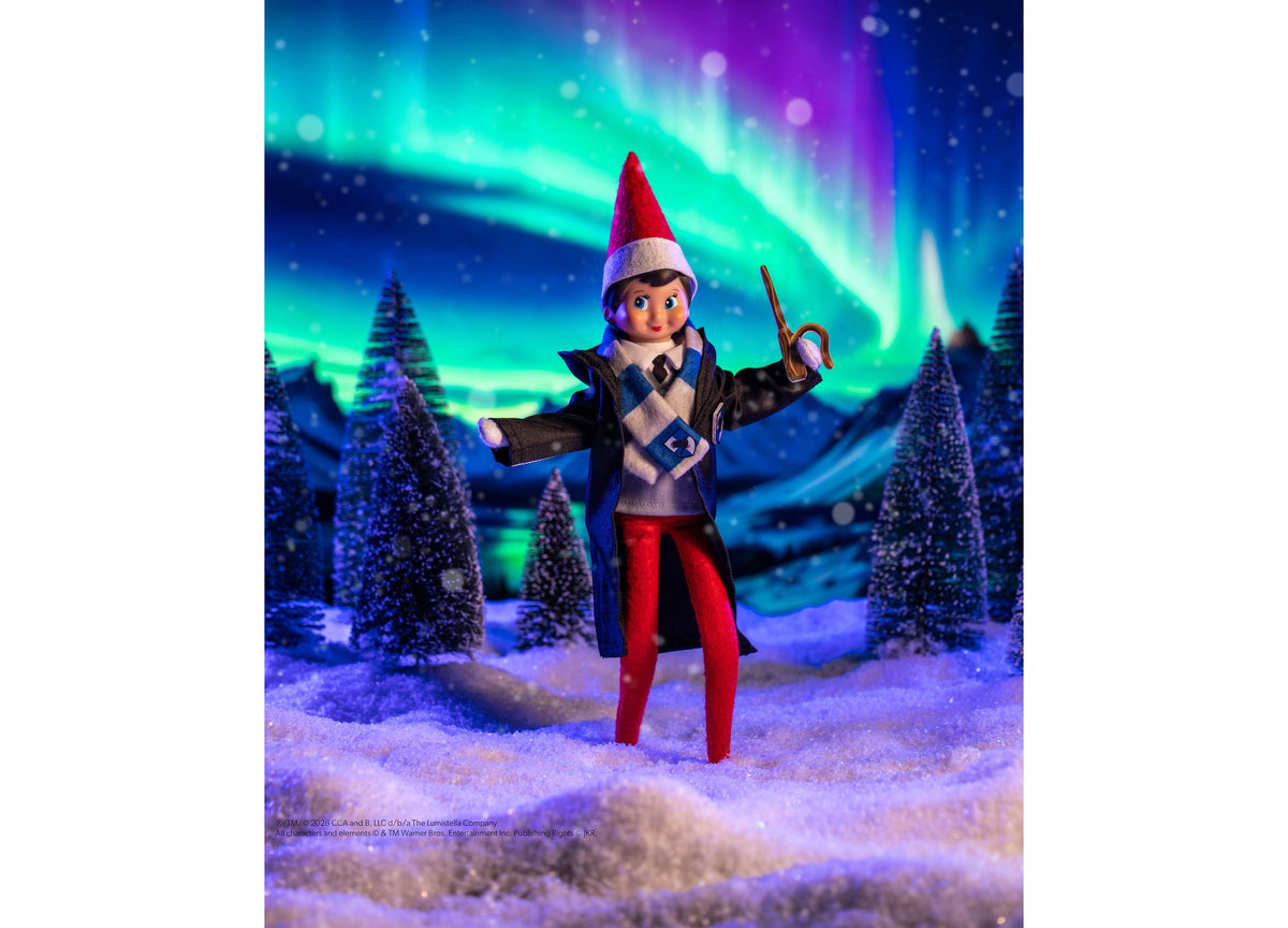 Elf on the Shelf in Harry Potter Hogwarts robe set with red and blue colors, holding candy cane in snowy forest with ...