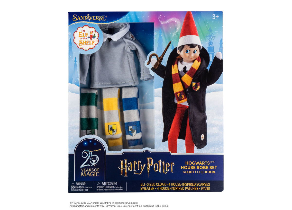 Elf on the Shelf Harry Potter Hogwarts House Robe Set with red and white hat, black robe, striped scarves, and wand