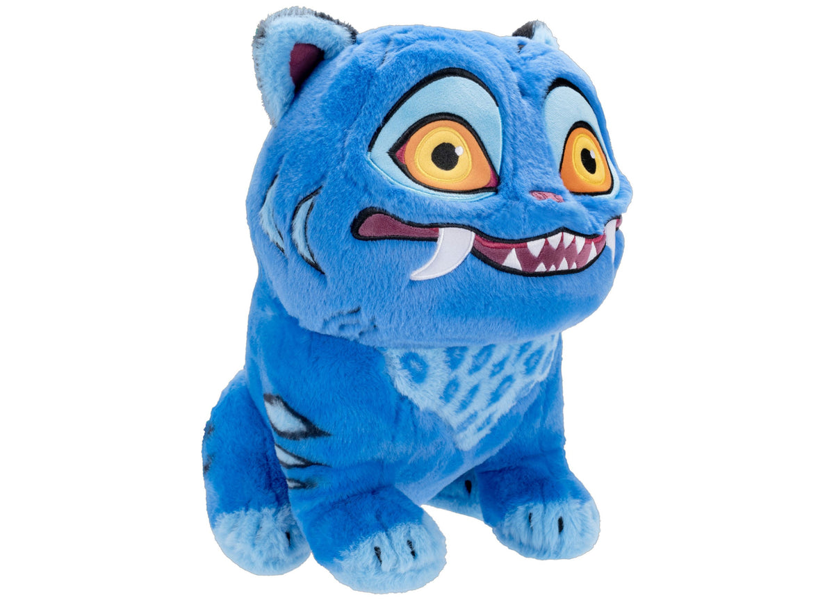 Derpy the tiger plush toy from K-Pop Demon Hunters, 12 inches, featuring blue fur, orange eyes, and a playful grin