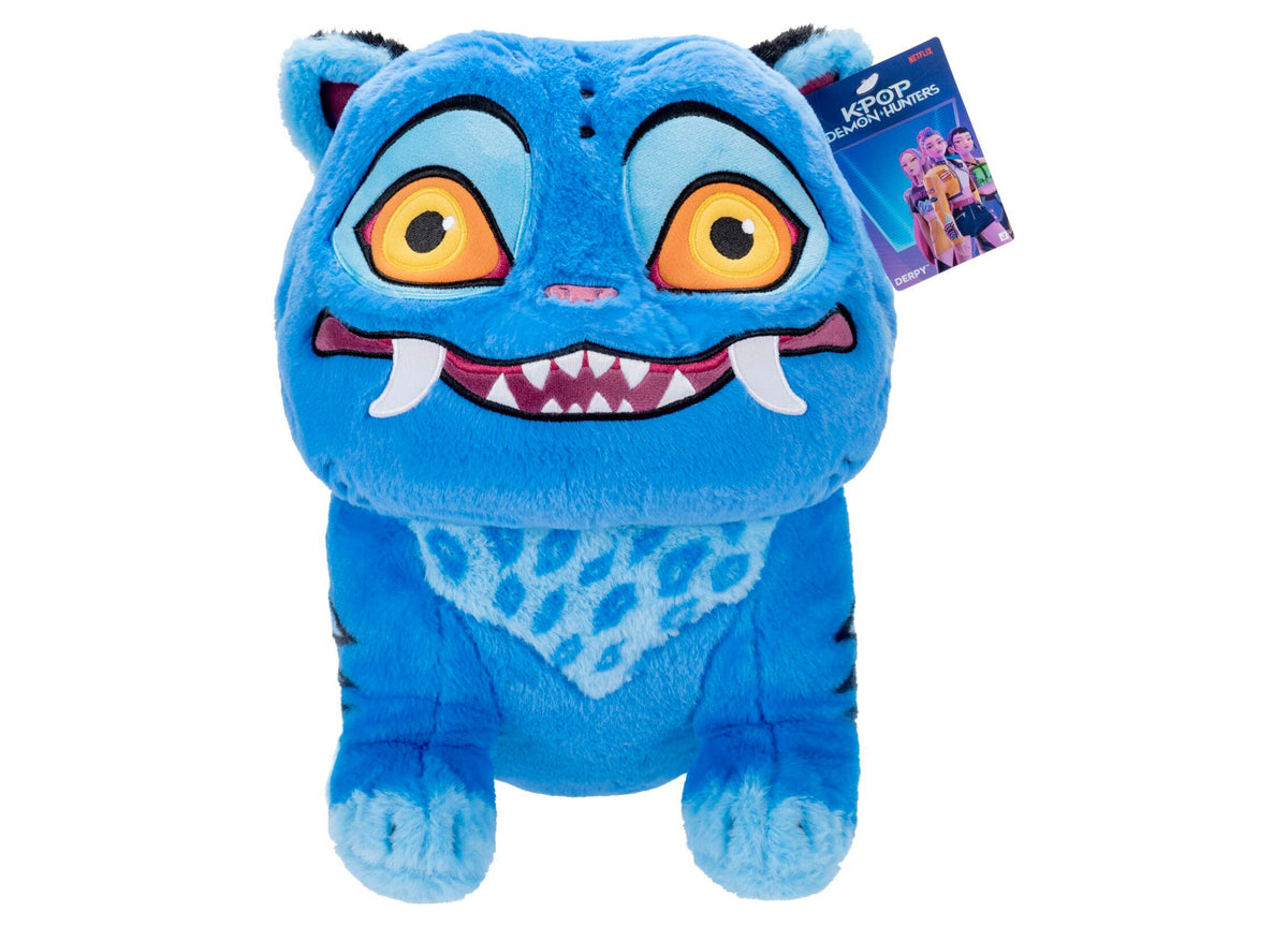 Derpy the tiger K-Pop Demon Hunters 12" plush toy with blue fur, orange eyes, and pink mouth