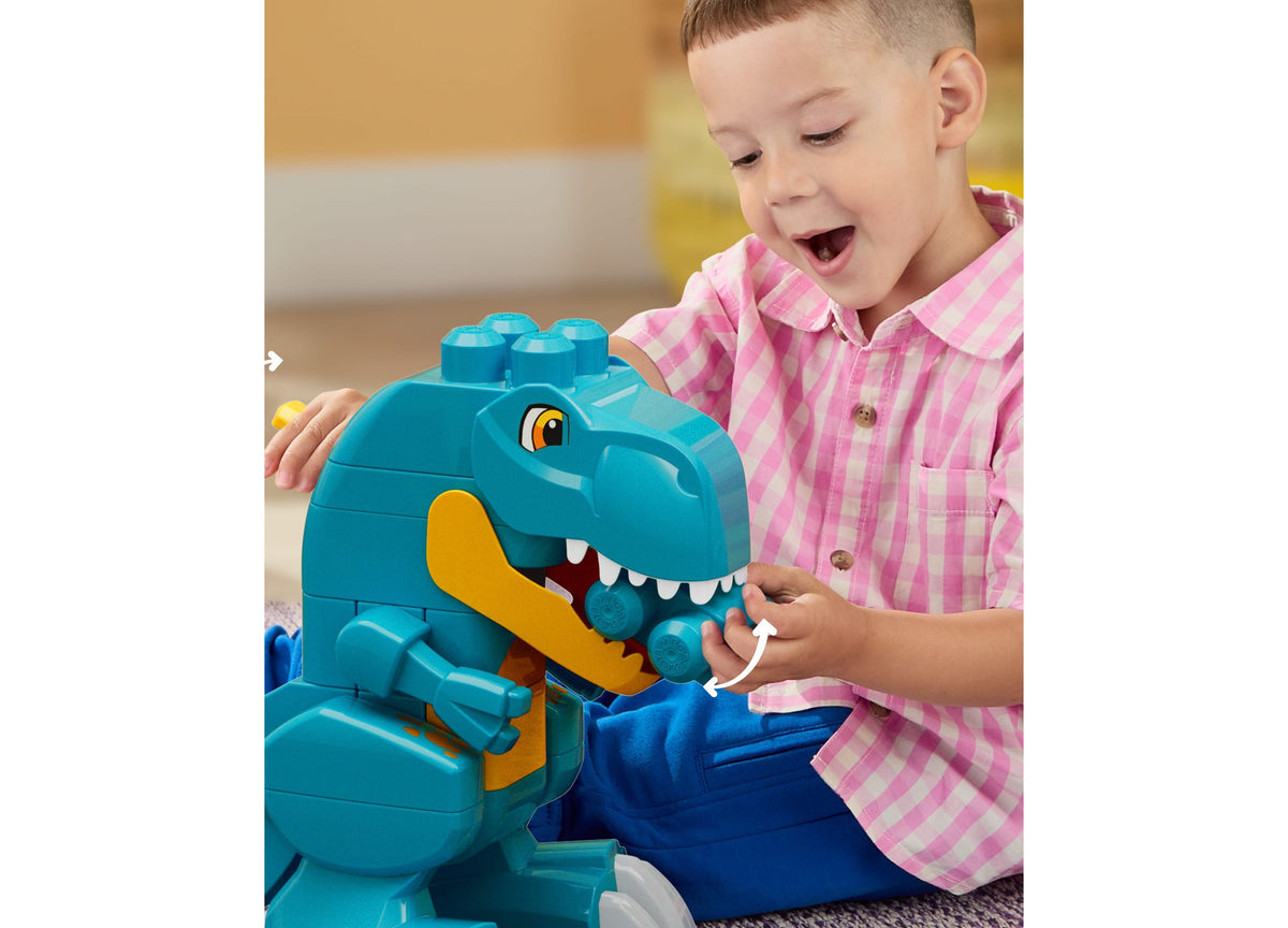 Mega Bloks Fisher-Price Build & Chomp Dinosaur set with turquoise T-Rex featuring opening mouth and yellow details