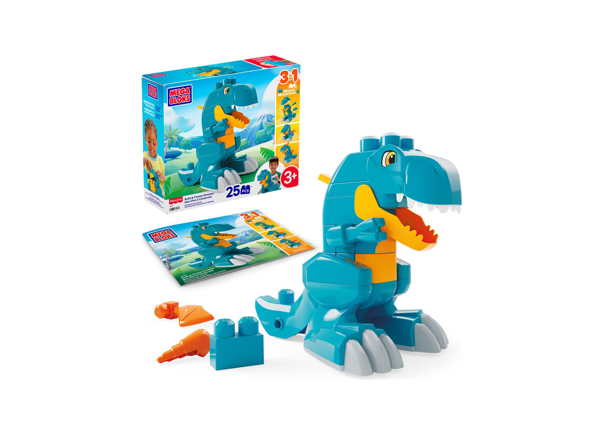 Mega Bloks Fisher-Price Build & Chomp Dinosaur 25-Piece Building Set with turquoise and orange blocks forming a T-Rex...