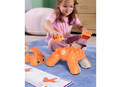 Mega Bloks Fisher-Price Rolling Kitten 3-in-1 25-Piece Building Set in orange with child building kitten figure