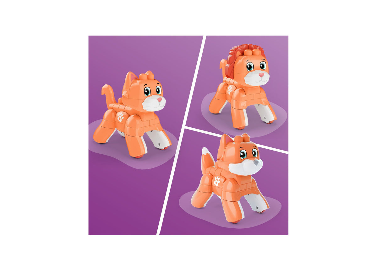 Mega Bloks Fisher-Price Rolling Kitten 3-in-1 25-Piece Building Set showing orange kitten figure in three different p...