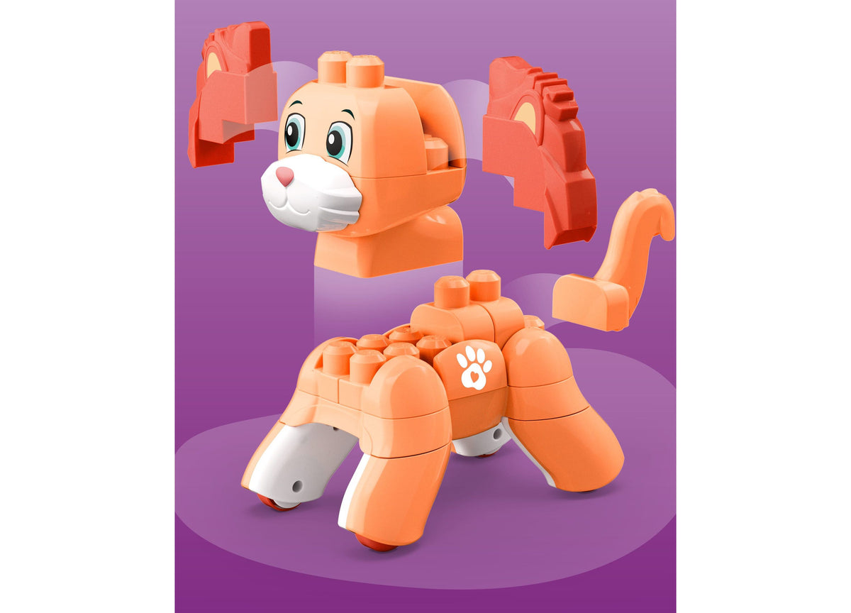 Mega Bloks Fisher-Price Rolling Kitten 3-in-1 25-Piece Building Set in orange with kitten, fox, and lion configurations