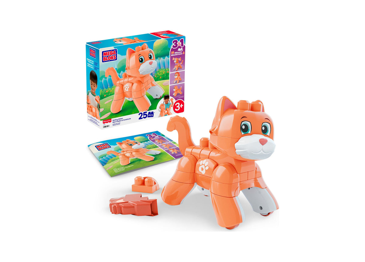 Mega Bloks Fisher-Price Rolling Kitten 3-in-1 Building Set with orange kitten figure, instruction manual, and loose b...