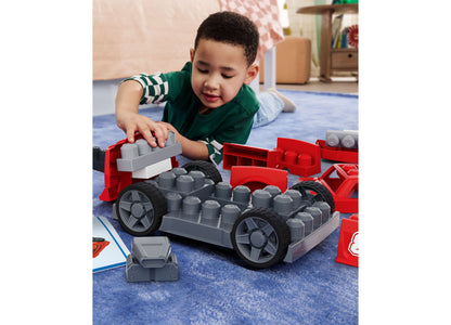 Mega Bloks Build & Go 3-in-1 Race Car 26-Piece Building Set with child building red and gray vehicle
