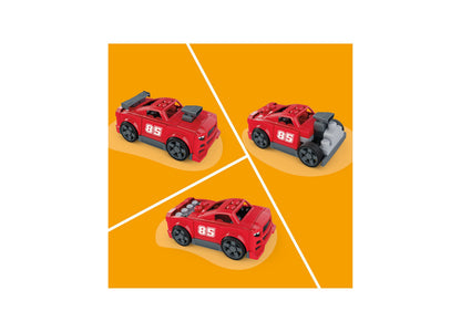 Mega Bloks Build & Go 3-in-1 Race Car 26-Piece Building Set showing three red vehicle configurations with number 85