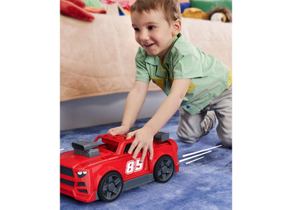 Red race car building set with number 85, displayed on blue play mat with child playing